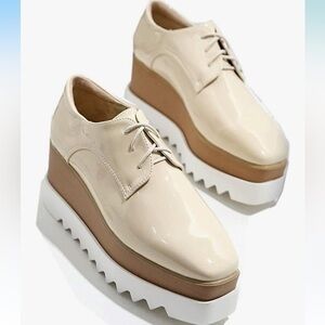 NWOT Patent Leather ( faux) Cream Square Toe Platform Shoes  and Zigzag Sole